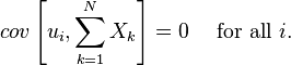 kov\left [u_i, \sum_ {
k 1}
^ {
N}
X_k\right] = 0-\kvad \tekst {
por ĉio}
mi.