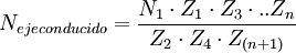  N_{eje conducido} = \frac {N_1 \cdot Z_1 \cdot Z_3 \cdot..Z_n}{Z_2 \cdot Z_4 \cdot Z_{(n+1)}}