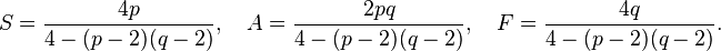 S = \frac{4p}{4 - (p-2)(q-2)},\quad A = \frac{2pq}{4 - (p-2)(q-2)},\quad F = \frac{4q}{4 - (p-2)(q-2)}.