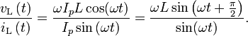 \frac{v_{\text{L}} \left( t \right)}{i_{\text{L}} \left( t \right)} = \frac{\omega I_p L \cos(\omega t)}{I_p \sin \left( \omega  t \right)}= \frac{\omega L \sin \left( \omega  t + \frac{\pi}{2}\right)}{\sin(\omega t)}.