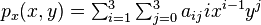 p_x(x,y) = \textstyle \sum_{i=1}^3 \sum_{j=0}^3 a_{ij} i x^{i-1} y^j