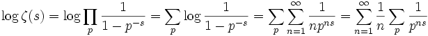 
\log \zeta(s) = \log \prod_{p} \frac {1}{1-p^{-s}} = \sum_{p} \log \frac {1}{1-p^{-s}}
= \sum_p \sum_{n=1}^{\infin} \frac {1}{np^{ns}} = \sum_{n=1}^{\infin} \frac {1}{n} \sum_p \frac {1}{p^{ns}}