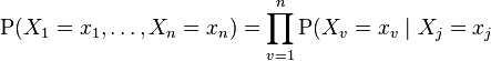 \mathrm  P(X_1=x_1, \ldots, X_n=x_n) = \prod_{v=1}^n  \mathrm P (X_v=x_v \mid X_j=x_j 