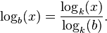  \log_b(x) = \frac{\log_k(x)}{\log_k(b)}. \, 