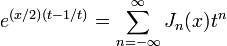  e^{(x/2)(t-1/t)} = \sum_{n=-\infty}^\infty J_n(x) t^n 