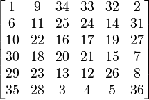 /begin{bmatrix}1 & 9 & 34 & 33 & 32 & 2 //6 & 11 & 25 & 24 & 14 & 31 //10 & 22 & 16 & 17 & 19 & 27 //30 & 18 & 20 & 21 & 15 & 7 //29 & 23 & 13 & 12 & 26 & 8 //35 & 28 & 3 & 4 & 5 & 36/end{bmatrix}