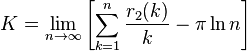 K=\lim_{n \to \infty}\left[\sum_{k=1}^{n}{r_2(k)\over k} - \pi\ln n\right]