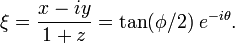 \xi = \frac{x - i y}{1 + z} = \tan(\phi / 2) \; e^{-i \theta}.