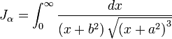
J_{\alpha} =
\int_{0}^{\infty} \frac{dx}{\left( x + b^{2} \right) \sqrt{\left( x + a^{2} \right)^{3}}}
