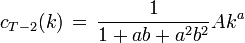 c_{T-2}(k) \, = \, \frac{1}{1+ab+a^2b^2} Ak^a