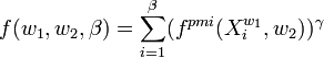 
f(w_{1},w_{2},\beta)=\sum_{i=1}^{\beta}(f^{pmi}(X_{i}^{w_{1}},w_{2}))^{\gamma}
