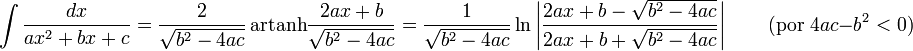 \int\frac{dx}{ax^2+bx+c} = \frac{2}{\sqrt{b^2-4ac}}\,\mathrm{artanh}\frac{2ax+b}{\sqrt{b^2-4ac}} = \frac{1}{\sqrt{b^2-4ac}}\ln\left|\frac{2ax+b-\sqrt{b^2-4ac}}{2ax+b+\sqrt{b^2-4ac}}\right| \qquad\mbox{(por }4ac-b^2<0\mbox{)}