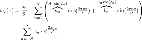  \begin{align} s_N(x) &= \frac{a_0}{2} + \sum_{n=1}^N \left(\overbrace{a_n}^{A_n \sin(\phi_n)} \cos(\tfrac{2\pi nx}{P}) + \overbrace{b_n}^{A_n \cos(\phi_n)} \sin(\tfrac{2\pi nx}{P})\right)\\ &= \sum_{n=-N}^N c_n\cdot e^{i \tfrac{2\pi nx}{P}}, \end{align} 