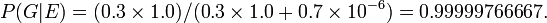 P(G | E) = (0.3 \times 1.0) /(0.3 \times 1.0 + 0.7 \times 10^{-6}) = 0.99999766667.