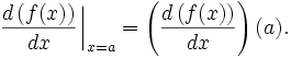 \frac{d\left(f(x)\right)}{dx}\left.{\!\!\frac{}{}}\right|_{x=a} = \left(\frac{d\left(f(x)\right)}{dx}\right)(a).