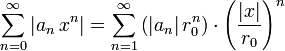  \sum_{n=0}^\infty |a_n\, x^n| = \sum_{n=1}^\infty \left(|a_n|\, r_0^n\right)\cdot \left(\frac{|x|}{r_0}\right)^n