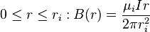 0 \leq r \leq r_i: B(r) = \frac{\mu_i I r}{2 \pi r_i^2}