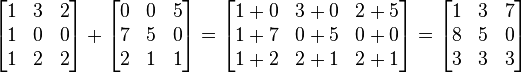    \begin{bmatrix}     1 & 3 & 2 \\     1 & 0 & 0 \\     1 & 2 & 2   \end{bmatrix} +   \begin{bmatrix}     0 & 0 & 5 \\     7 & 5 & 0 \\     2 & 1 & 1   \end{bmatrix} =   \begin{bmatrix}     1+0 & 3+0 & 2+5 \\     1+7 & 0+5 & 0+0 \\     1+2 & 2+1 & 2+1   \end{bmatrix} =   \begin{bmatrix}     1 & 3 & 7 \\     8 & 5 & 0 \\     3 & 3 & 3   \end{bmatrix} 