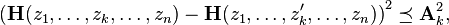 \left (\matbf {
H}
(z_1, \ldots, z_k, \ldots, z_n) - \matbf {
H}
(z_1, \ldots, z'_k, \ldots, z_n) \right)^ 2 \preceq \matbf {
A}
_k^2,