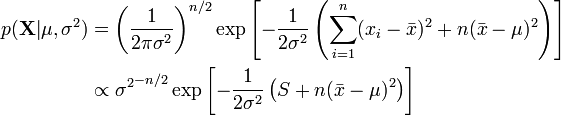 
begin{align}
p(mathbf{X}|mu,sigma^2) &= left(frac{1}{2pisigma^2}right)^{n/2} expleft \
&propto {sigma^2}^{-n/2} expleft \
end{align}
