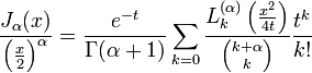  \frac{J_\alpha(x)}{\left( \frac{x}{2}\right)^\alpha}= \frac{e^{-t}}{\Gamma(\alpha+1)} \sum_{k=0} \frac{L_k^{(\alpha)}\left( \frac{x^2}{4 t}\right)}{{k+ \alpha \choose k}} \frac{t^k}{k!} 