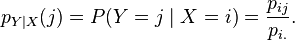 p_{Y\mid X}(j) = P(Y = j \mid X = i) = \frac{p_{ij}}{ p_{i .} }.