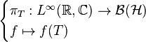 \begin {
kazoj}
\pi_T: L^\infty (\matb {
R}
, \matb {
C}
)
\to\matcal {
B}
(\matcal {
H}
)
\ f \mapsto f (T) \end {
kazoj}