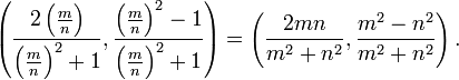 
\left( \frac{2\left(\frac{m}{n}\right)}{\left(\frac{m}{n}\right)^2+1}, \frac{\left(\frac{m}{n}\right)^2-1}{\left(\frac{m}{n}\right)^2+1}
\right) =
\left( \frac{2mn}{m^2+n^2}, \frac{m^2-n^2}{m^2+n^2}
\right).