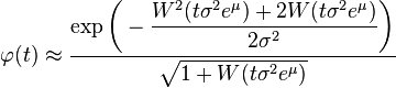 \varphi(t)\approx\frac{\exp\bigg(-\dfrac{W^2(t\sigma^2e^\mu)+2W(t\sigma^2e^\mu)}{2\sigma^2}\bigg)}{\sqrt{1+W(t\sigma^2e^\mu)}}
