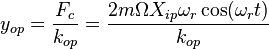 y_{op} = \frac{F_c}{k_{op}} = \frac{2m\Omega X_{ip} \omega_r \cos(\omega_r t)}{k_{op}}