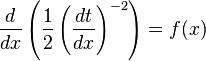 \frac {
d}
{
d x}
\left (\frac {
1}
{
2}
\left (\frac {
d t}
{
d x}
\right)^ {
- 2}
\right) = f (x)