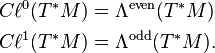 \begin{align}
C\ell^0(T^*M) &= \Lambda^{\mathrm{even}}(T^*M)\\
C\ell^1(T^*M) &= \Lambda^{\mathrm{odd}}(T^*M).
\end{align}