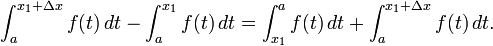 \int_{a}^{x_1 + \Delta x} f(t) \,dt - \int_{a}^{x_1} f(t) \,dt = \int_{x_1}^{a} f(t) \,dt + \int_{a}^{x_1 + \Delta x} f(t) \,dt.