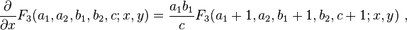 
\frac {\partial} {\partial x} F_3(a_1,a_2,b_1,b_2,c; x,y) = \frac {a_1 b_1} {c} F_3(a_1+1,a_2,b_1+1,b_2,c+1; x,y) ~,
