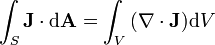 \int_S{ \mathbf{J} \cdot \mathrm{d}\mathbf{A}} = \int_V{(\mathbf{\nabla} \cdot \mathbf{J}) \mathrm{d}V}