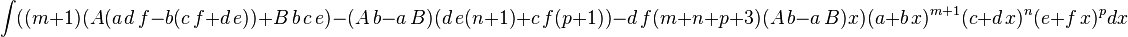  \int ((m+1) (A (a\,d\,f-b(c\,f+d\,e))+B\,b\,c\,e)-(A\,b-a\,B) (d\,e(n+1)+c\,f(p+1))-d\,f(m+n+p+3) (A\,b-a\,B)x)(a+b\,x)^{m+1} (c+d\,x)^n(e+f\,x)^p dx
