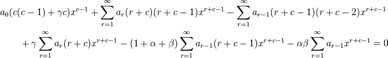 \begin{align}
&a_0 (c(c-1) + \gamma c) x^{c - 1}+ \sum_{r = 1}^\infty a_r(r + c)(r + c - 1) x^{r + c - 1} -\sum_{r = 1}^\infty a_{r - 1}(r + c - 1)(r + c - 2) x^{r + c - 1} \\
&\qquad + \gamma \sum_{r = 1}^\infty a_r(r + c) x^{r + c - 1}-(1 + \alpha + \beta) \sum_{r = 1}^\infty a_{r - 1}(r + c - 1) x^{r + c - 1}-\alpha \beta \sum_{r = 1}^\infty a_{r - 1} x^{r + c - 1}= 0
\end{align}