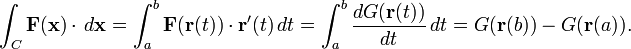 \int_C \mathbf{F}(\mathbf{x})\cdot\,d\mathbf{x} = \int_a^b \mathbf{F}(\mathbf{r}(t))\cdot\mathbf{r}'(t)\,dt = \int_a^b \frac{dG(\mathbf{r}(t))}{dt}\,dt = G(\mathbf{r}(b)) - G(\mathbf{r}(a)).