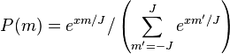 P (m) = e^ {
ksm/J}
/\left (\sum_ {
m'-J}
^ j-e^ {
Ksm estas/J}
\right)