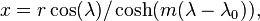 x = r \cos (\lambda)/\cosh (m (\lambda-\lambda_0)),\,