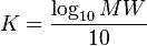 K = \frac{\log_{10}{MW}} {10}