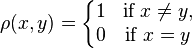 \rho(x,y) =
\left\{\begin{matrix}
1 &\mbox{if}\ x\neq y, \\
0 &\mbox{if}\ x = y
\end{matrix}\right.
