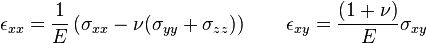 \epsilon_{xx} = \frac{1}{E}\left( \sigma_{xx} - \nu(\sigma_{yy}+\sigma_{zz}) \right) \qquad \epsilon_{xy} = \frac{(1+\nu)}{E}\sigma_{xy}