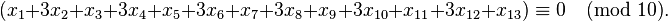 (x_1 + 3x_2 + x_3 + 3x_4 + x_5 + 3x_6 + x_7 + 3x_8 + x_9 + 3x_{10} + x_{11} + 3x_{12} + x_{13} ) \equiv 0 \pmod{10}.