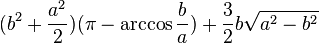 (b^2-+ { {a^2} \over 2} ) (\pi - \arckos { b \over} ) + { 3\over 2} b \sqrt { {a^2} - { b^2} }, kaj la areo inter la bantoj estas