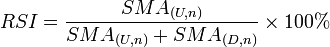 RSI = \frac {SMA_{(U,n)}}{SMA_{(U,n)} + SMA_{(D,n)}} \times 100 \%