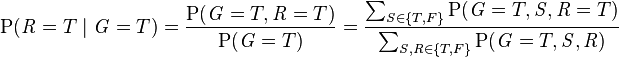      \mathrm P(\mathit{R}=T \mid \mathit{G}=T)     =\frac{     \mathrm P(\mathit{G}=T,\mathit{R}=T)     }     {     \mathrm P(\mathit{G}=T)     }     =\frac{     \sum_{\mathit{S} \in \{T, F\}}\mathrm P(\mathit{G}=T,\mathit{S},\mathit{R}=T)     }     {     \sum_{\mathit{S}, \mathit{R} \in \{T, F\}} \mathrm P(\mathit{G}=T,\mathit{S},\mathit{R})     }     