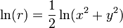 \ln(r) = \frac12\ln(x^2 + y^2) \,