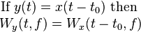 \begin{matrix}\text{If } y(t)=x(t-t_0)\text{ then }
\\ W_y(t,f)=W_x(t-t_0,f) \end{matrix}