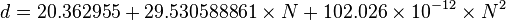  d = 20.362955 + 29.530588861 \times N + <br />102.026 \times 10^{-12} \times N^2